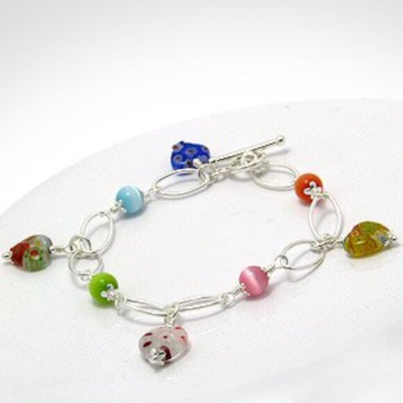 Sterling Silver Glass Beads and Heart Charms Bracelet - NEW - Picture 10 of 10